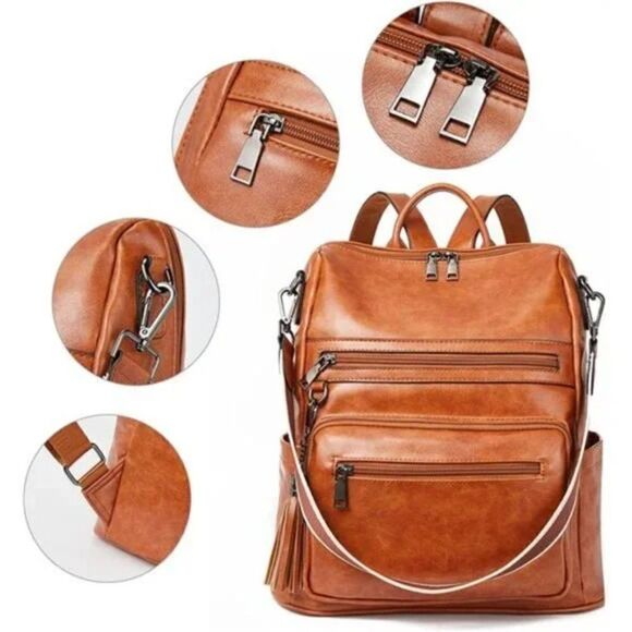 𝅺New Backpack Purse Vegan Leather with Tassel Retro, 1-Oil Wax Brown - Picture 5 of 7